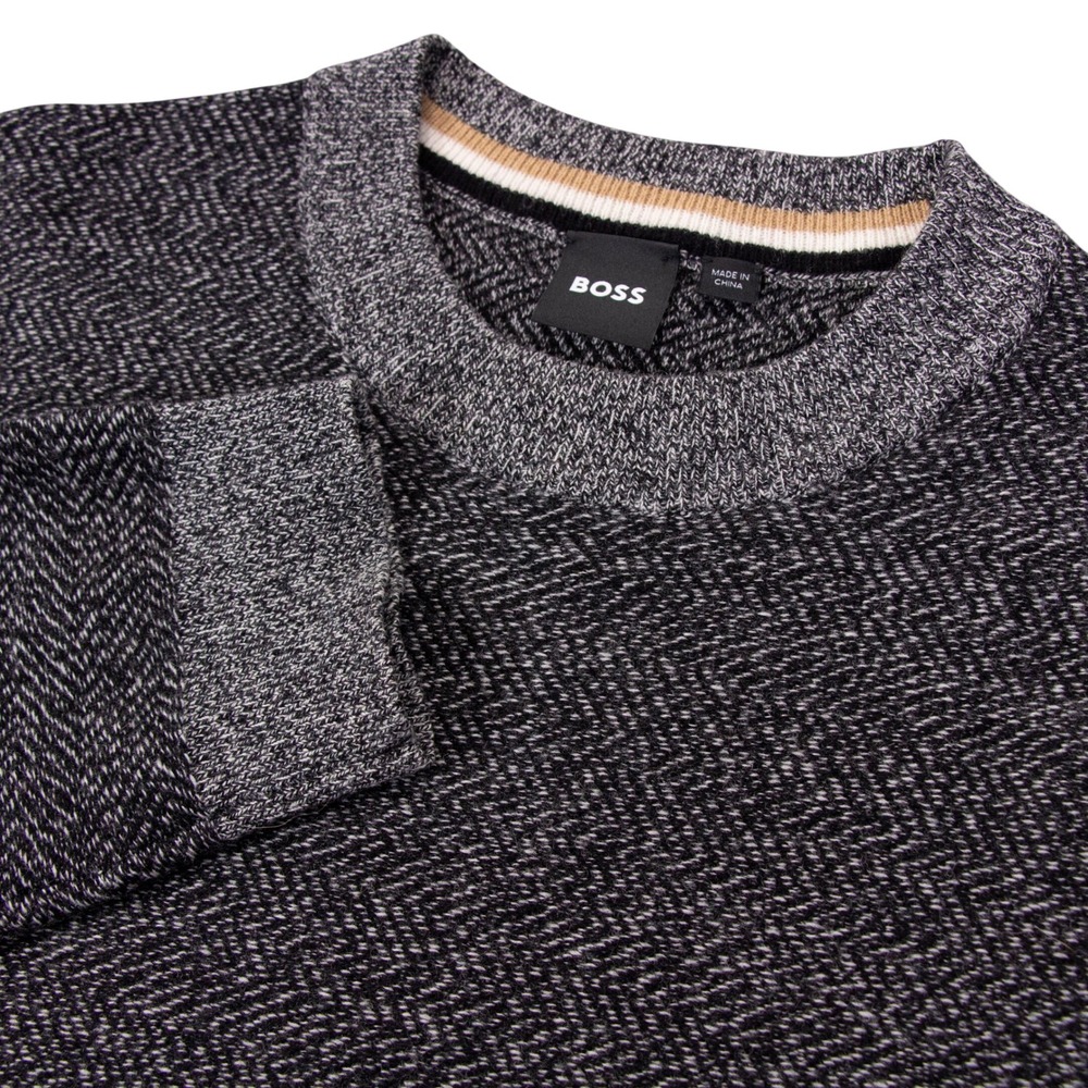 Hugo Boss Mens Small Grey 100% Wool Herringbone Knit Crewneck Sweater